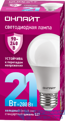Лампа светодиодная 90 406 OLL-A60-21-230-6.5K-E27 21Вт грушевидная 6500К E27 90-240В PRO ОНЛАЙТ 90406