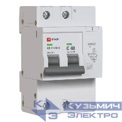 Выключатель автоматический дифференциального тока C 40А 30мА тип AC 6кА АД-2 (электрон.) защита 270В PROxima EKF DA2-6-40-30-pro