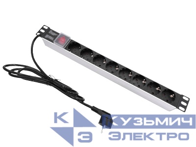 Блок розеток 19", 16А, 8 розеток, шнур 2м, выключатель, корпус алюминий серебряный, лицевая панель -  чёрный