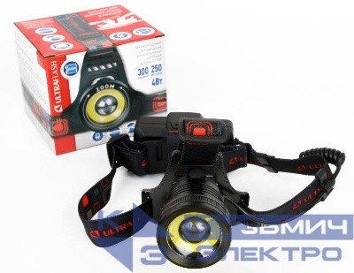 Фонарь аккумуляторный налобный E1335 2LED 4Вт фокус 4 режима аккум. 3.7В метал. черн. (бокс) Ultraflash 13905