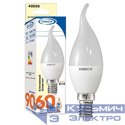 Лампа светодиодная ILED-SMD2835-CW37-6-540-220-4-E14 (0164) 6Вт свеча на ветру 4000К нейтр. бел. E14 540лм 230-240В IONICH 1540