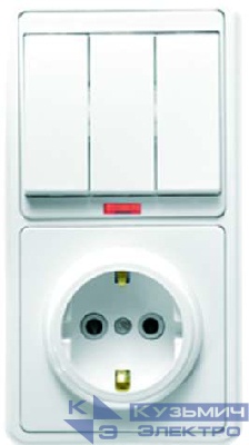 Блок БКВР-054 Бэлла (3-кл. выкл. с подсветкой + розетка с заземл.) бел. Кунцево 5845