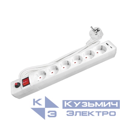 Удлинитель с сетевым фильтром 6х1.8м с заземл. 10А IP20 2.2кВт USB type-A + type-C ПВС 3х0.75 с выкл. бел. UNIVersal 2543
