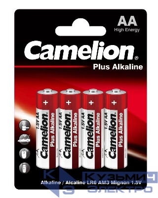 Элемент питания алкалиновый AA/LR6 1.5В Plus Alkaline LR6-BP4 (блист.4шт) Camelion 7370