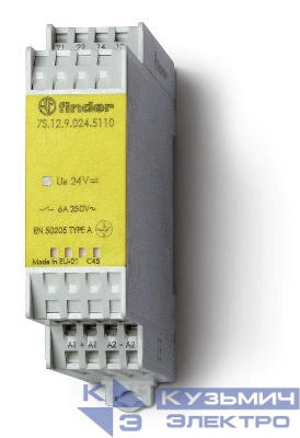 Реле безопасности электромеханическое модульное 6А 24В DC 1NO+1NC AgNi+Au IP54 22.5мм с принудит. управлен. контактами FINDER 7S1290245110