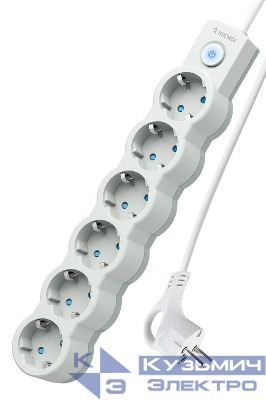 Удлинитель 6х1.5м с заземл. 10А IP20 2200Вт 220В защ. шторки ПВС 3х1 с выкл. бел. КОСМОС YKsm1.5m-6g-Z-V10A-W