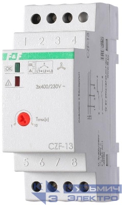 Реле контроля фаз для сетей с изолированной нейтралью CZF-13 (монтаж на DIN-рейке 35мм; регулировка задержки отключения; 3х400В 8А 1Z 1R IP20) F&F EA04.004.004