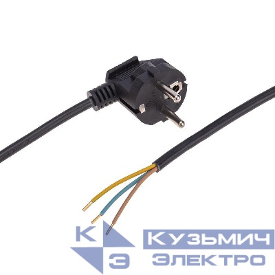 Шнур электрический с угловой вилкой 10А 2300Вт ПВС 3х0.75кв.мм 1.5м черн. Rexant 11-1313