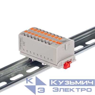 Блок распределительный с вертикал. адаптером на рейки шир. 15/35мм зажим push-in 1 ввод 6кв.мм 18 точек подключения 2.5кв.мм сер. DKC DTP1-118-104SPUG-V
