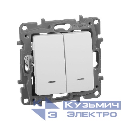 Выключатель 2-кл. СП Etika 10А IP20 250В 10AX с подсветкой/индикацией безвинтов. зажимы механизм бел. IEK 672204