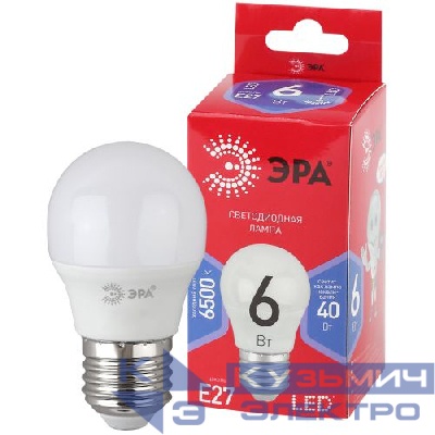 Лампа светодиодная RED LINE LED P45-6W-865-E27 R 6Вт P45 шар 6500К холод. бел. E27 Эра Б0045357