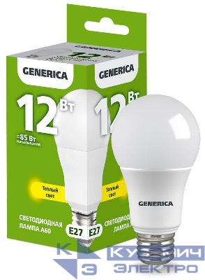 Лампа светодиодная A60 12Вт грушевидная 3000К E27 230В GENERICA LL-A60-12-230-30-E27-G