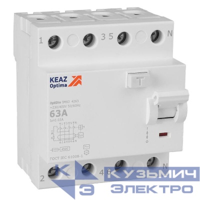 Выключатель дифференциального тока (УЗО) 4п 63А 30мА тип AC 4.5кА OptiDin DM63-4263 УХЛ4 КЭАЗ 343893
