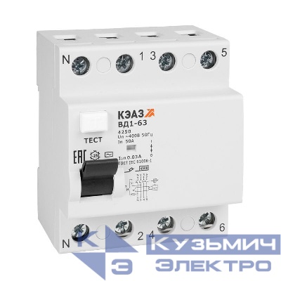 Выключатель дифференциального тока (УЗО) 4п 50А 100мА тип AC ВД1-63 4350 УХЛ4 КЭАЗ 221956