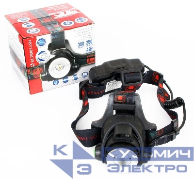 Фонарь аккумуляторный налобный E1336 1LED 4Вт фокус 4 режима аккум. 3.7В сенсорный черн. (бокс) Ultraflash 13906