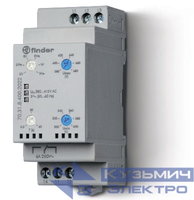 Реле контрольное для 3х-фазных сетей пониженное/повышенное напряжение 1CO 6А FINDER 703184002022