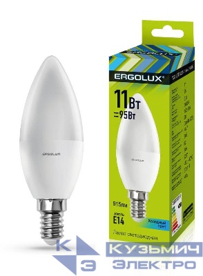 Лампа светодиодная LED-C35-11W-E14-4K 11Вт свеча 4500К бел. E14 180-240В Ergolux 13619