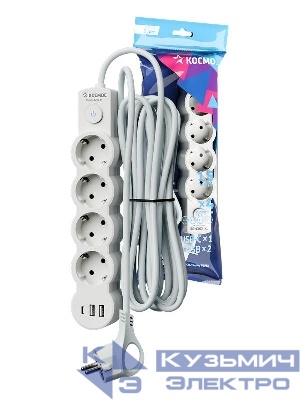 Удлинитель 4х1.5м с заземл. 10А IP20 USB type-Aх2 + type-C 2500Вт 220В ПВС 3х1 с выкл. бел. КОСМОС YKsm1.5m4g-Z-VU10А-W