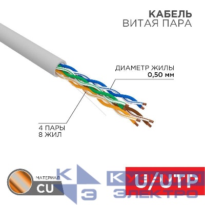 Кабель витая пара U/UTP кат.5E 4х2х24AWG сер. (уп.50м) Rexant 01-0043-50