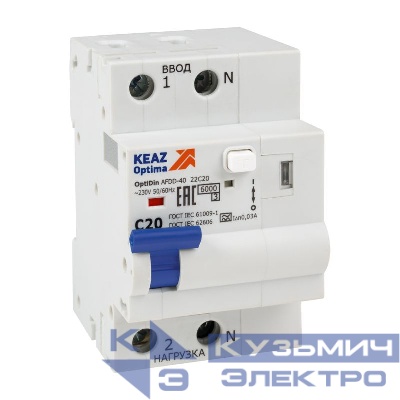 Устройство защиты от дугового пробоя с АВДТ и защ. от пов. напряж. OptiDin AFDD-40-22C20-A-У3 (2P C20 30mA Uоткл 275В) КЭАЗ 339088