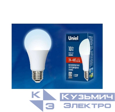 Лампа светодиодная LED-A60-10W/NW/E27 /FR/24-48V PLO55WH 10Вт грушевидная матовая 4000К нейтр. бел. E27 24-48В (упак. картон) Uniel UL-00002382