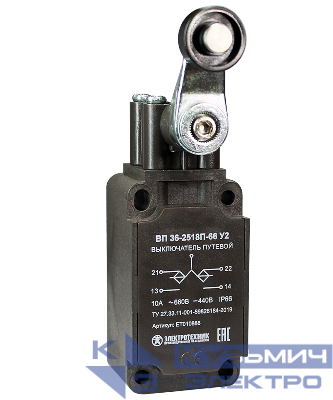 Выключатель путевой ВП 36-2518П-66 У2 1НО+1НЗ 3А IP66 рычаг с пластиковым роликом инерционный 30х60мм без сальника Электротехник ET010888