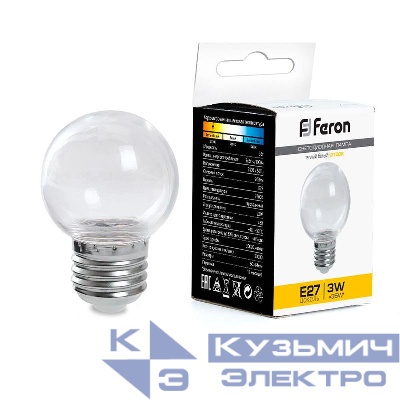 Лампа светодиодная LB-371 3Вт G60 шар прозрачная 2700К E27 230В FERON 38121