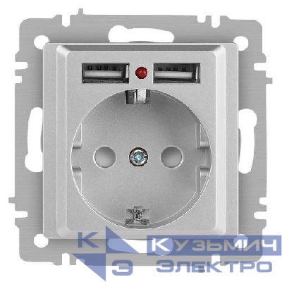 Розетка 1-м СП Accent 6-410-03 16А IP20 250В P+E Schuko + 2хUSB защ. шторки алюм. Intro Б0063694