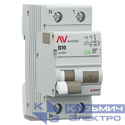 Выключатель автоматический дифференциального тока 2п (1P+N) B 10А 10мА тип A 6кА DVA-6 AVERES EKF rcbo6-1pn-10B-10-a-av