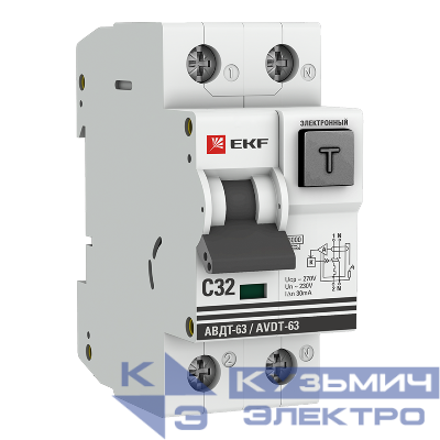 Выключатель автоматический дифференциального тока 2п C 32А 30мА тип A 6кА АВДТ-63 2мод. электрон. PROxima EKF DA63-32-30e