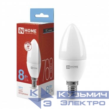 Лампа светодиодная LED-СВЕЧА-VC 8Вт свеча 6500К холод. бел. E14 760лм 230В IN HOME 4690612024806