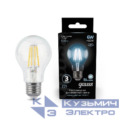 Лампа светодиодная филаментная Black Filament 6Вт A60 грушевидная 4100К нейтр. бел. E27 630лм GAUSS 102802206