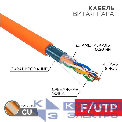 Кабель витая пара F/UTP кат.5e 4х2х24AWG LSZH нг(А)-HF INDOOR SOLID оранж. (м) Rexant 01-0150