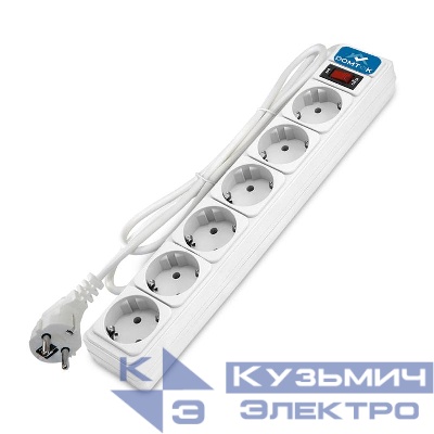 Удлинитель с сетевым фильтром 6х5м с заземл 10А IP20 2.2кВт ПВС 3х1 с выкл. бел. DOMTOK 2517