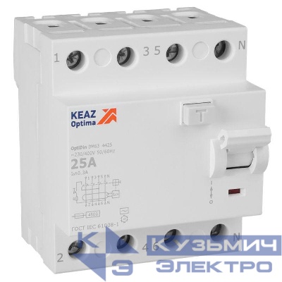 Выключатель дифференциального тока (УЗО) 4п 25А 300мА тип AC 4.5кА OptiDin DM63-4425 УХЛ4 КЭАЗ 343903