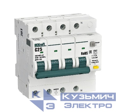 Выключатель автоматический дифференциального тока (АВДТ) 3P+N C 25А 300мА AC ДИФ-103 6кА DEKraft 16421DEK