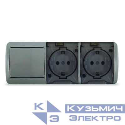 Блок ОП Клио 1-кл. выкл. 10А + розетка 2-м 16А 250В с заземл. с прозр. крышкой сер. Universal К2238-Gr