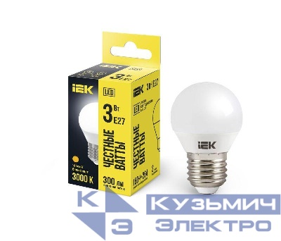 Лампа светодиодная G45 3Вт шар 3000К тепл. бел. E27 216лм 230-240В IEK LLE-G45-3-230-30-E27