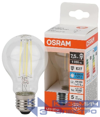 Лампа светодиодная филаментная LSCLA100 7.5W/865230VFILCL 7.5Вт 6500К холод. бел. E27 1055лм A угол пучка 300град. 220-240В (замена 100Вт) прозр. стекло OSRAM 4058075687752