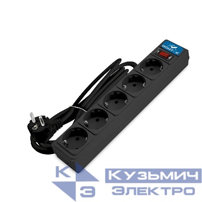 Удлинитель с сетевым фильтром 5х3м с заземл 10А IP20 2.2кВт ПВС 3х1 с выкл. черн. DOMTOK 2538