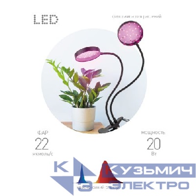 Светильник светодиодный FITO-20W-АLED-R 20Вт для растений красн./син. спектр на прищепке черн. Эра Б0053290