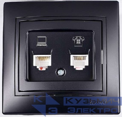 Розетка компьютерная + телефонная 2-м Mira RJ45 + RJ11 со вставкой черн. бархат LEZARD 701-4242-143