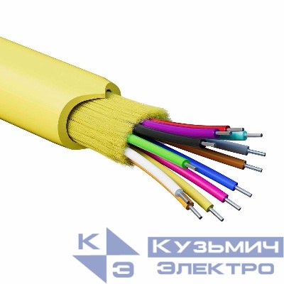 Кабель волоконно-оптический распределительный арамидные упрочняющие нити для внутренней прокладки нг(A)-HFLTx 12 ОВ категорияOS2 (G.652.D) плотный буфер 0.4кН барабан 500м DKC RNDT9C12YL03-E