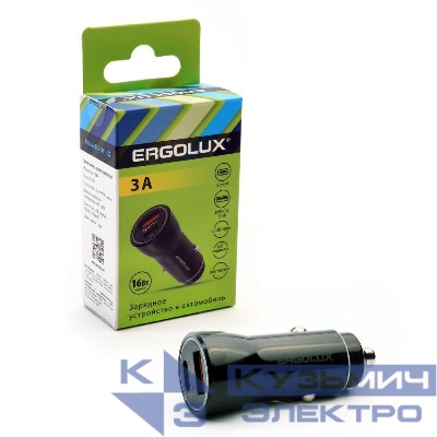 Адаптер автомобильный ELX-CA01-C02 1USB+1Type C 12В 5В/3А LED коробка черн. ERGOLUX 15106