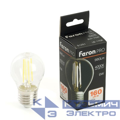 Лампа светодиодная LB-1706 6Вт G45 шар прозрачная 4000К E27 980лм 175-265В FERON 51251