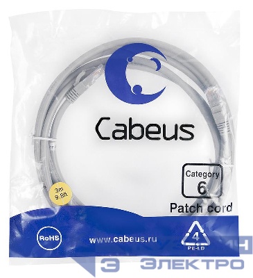 Патч-корд U/UTP кат.6 PC-UTP-RJ45-Cat.6-3m 2xRJ45/8p8c неэкранир. PVC 3м сер. Cabeus 7269c