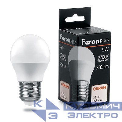 Лампа светодиодная LB-1409 9Вт G45 шар 2700К E27 230В FERON 38080