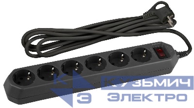 Удлинитель с сетевым фильтром 6х3м с заземл. 10А IP20 USF-6es-3m-B с выкл. с базов. защитой черн. Эра Б0037263