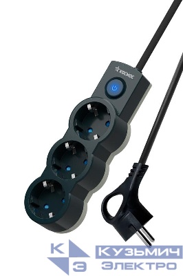 Удлинитель 3х3м с заземл. 10А IP20 2200Вт 220В защ. шторки ПВС 3х1 с выкл. черн. КОСМОС YKsm3m-3g-Z-V10A-B