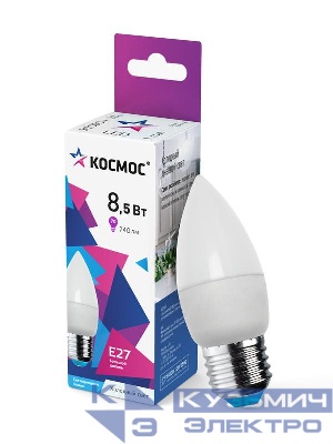 Лампа светодиодная 8.5Вт свеча 6500К холод. бел. E27 220В КОСМОС LkecLED8.5wCNE2765